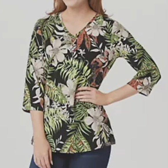 Denim&Co Tops - Denim & Co Printed Jersey V-Neck 3/4-Sleeve Top